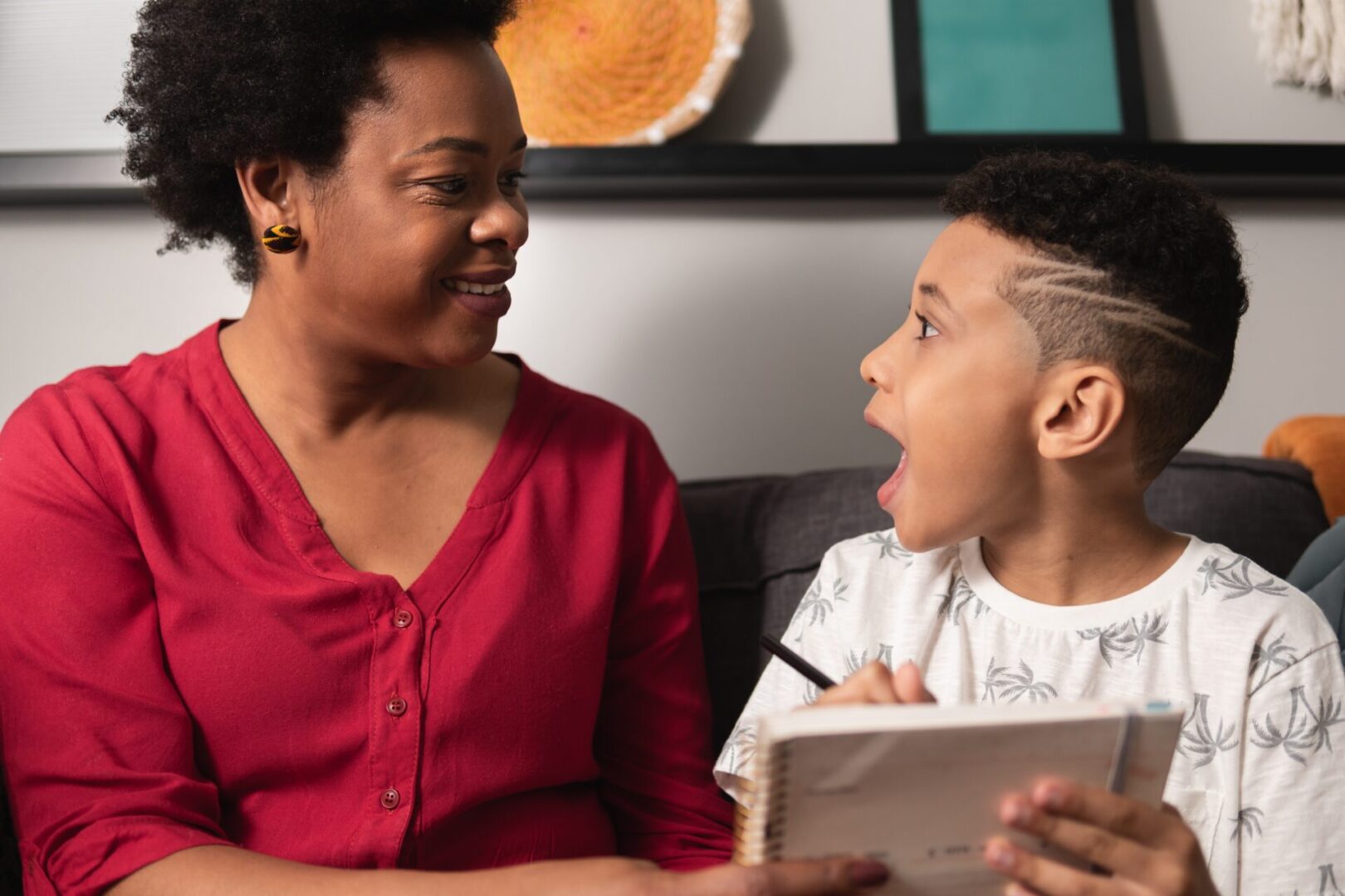 Mother and son learning together with tablet